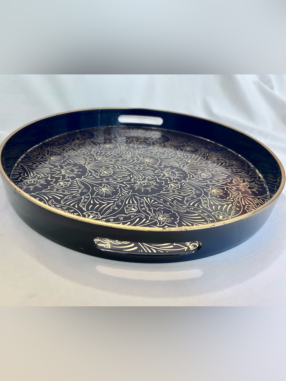 Navy Blue Gold Floral Round Decorative Serving Tray 16” Handles